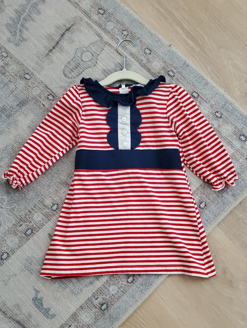 Smockingbird Toddler Girls Red Striped Navy Scallop Long Sleeve Dress Sz2
